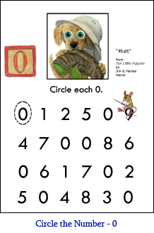 Circle the Number Worksheet  Zero (0) with puppy art and a “0” number block from the children’s picture book, Ten Little Puppies.
